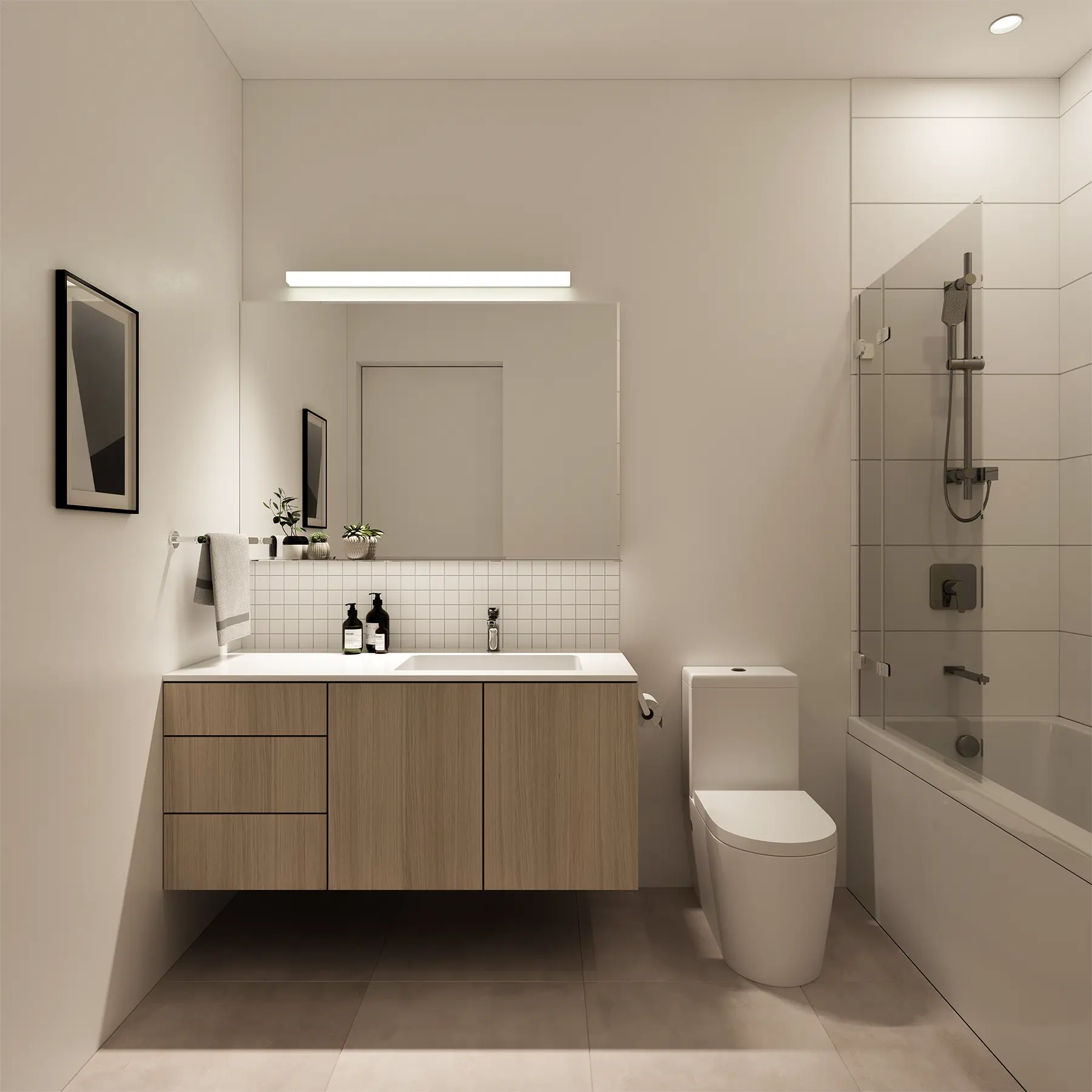 Modern bathroom remodel in Seattle WA with walk-in shower and floating vanity