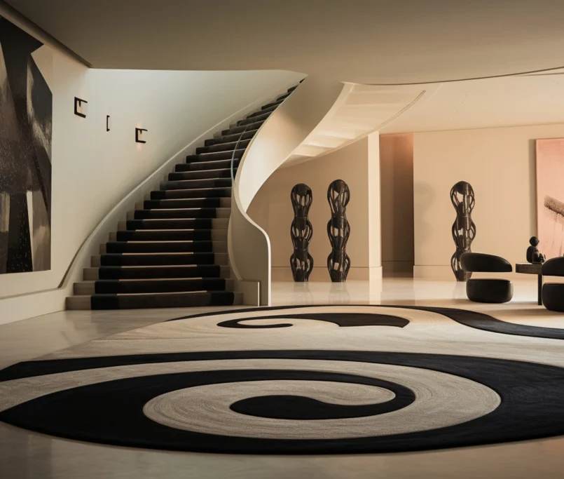 Basement remodeling in White Center featuring a modern finished basement with a curved staircase, contemporary seating, decorative artwork, and elegant lighting design.