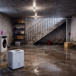 Damp basement with visible mold and fungus on concrete walls, wet floor, and dehumidifier running to control moisture problems