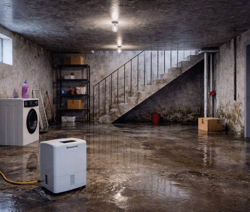 Damp basement with visible mold and fungus on concrete walls, wet floor, and dehumidifier running to control moisture problems