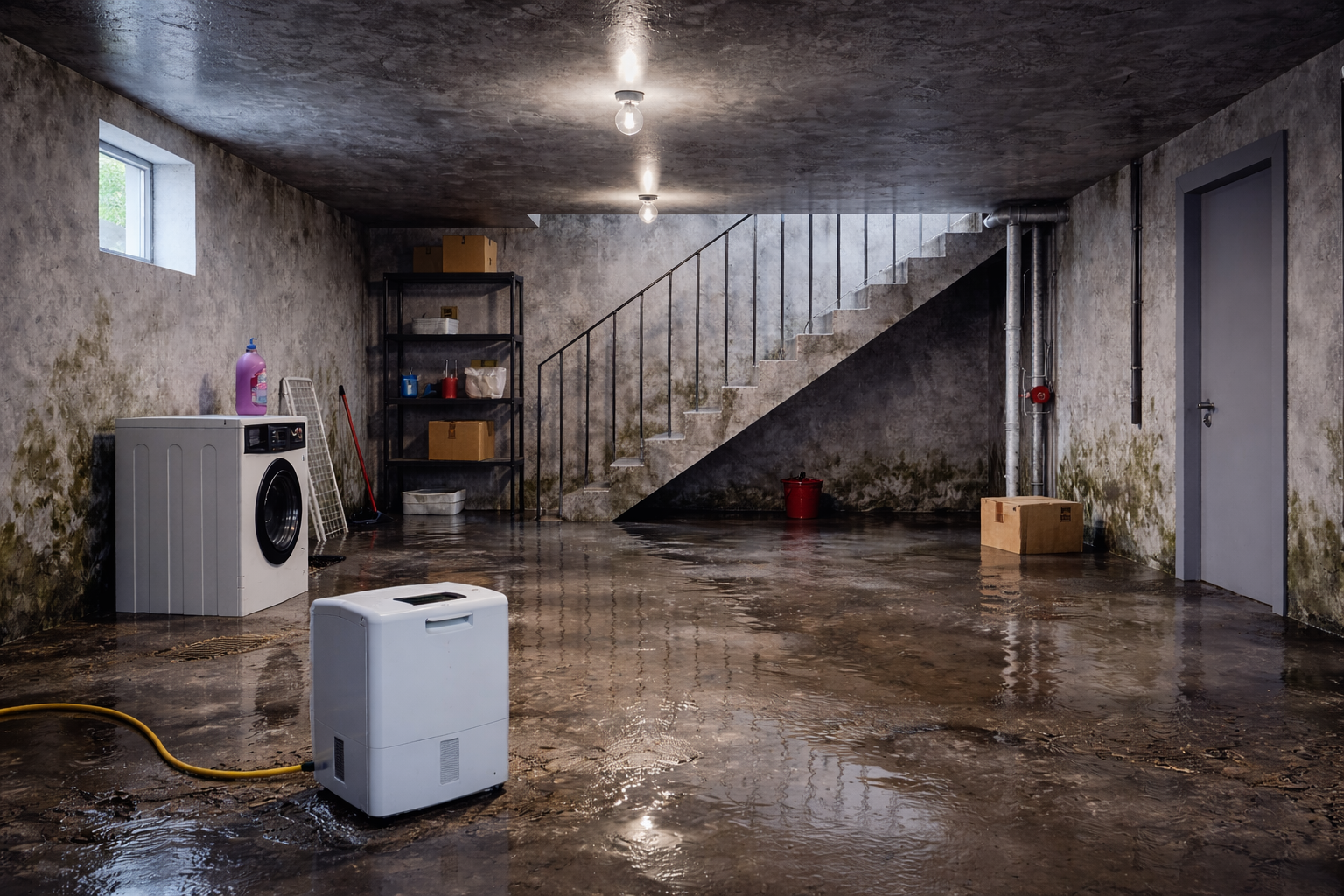 Damp basement with visible mold and fungus on concrete walls, wet floor, and dehumidifier running to control moisture problems