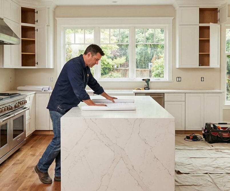 Kitchen remodel contractor in Seattle reviewing blueprints during renovation project