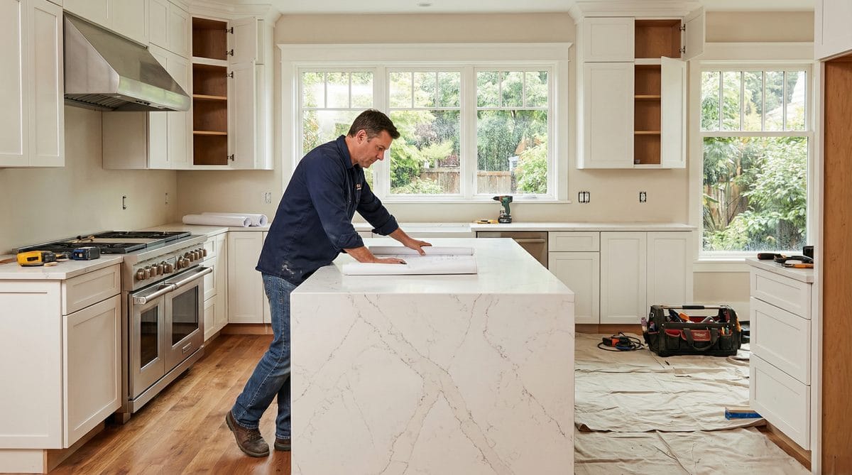 Kitchen remodel contractor in Seattle reviewing blueprints during renovation project