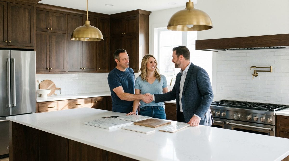 Seattle homeowners consulting with kitchen renovation contractor about materials and design