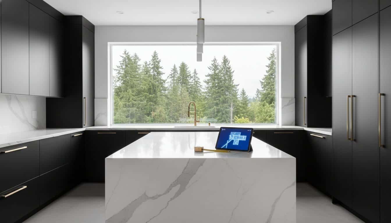 Modern kitchen remodeling with new cabinets and quartz countertops in Renton WA home